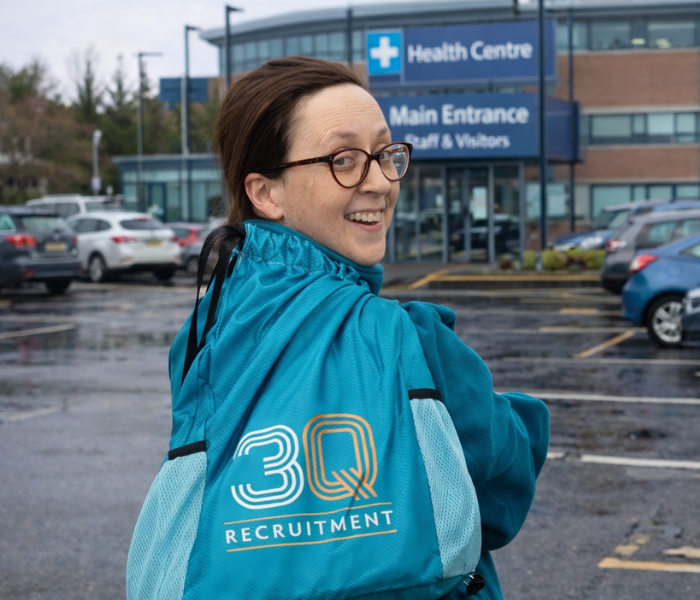 Temporary healthcare worker arriving on shift with 3Q Recruitment support in Dublin. Working as Temporary Employee. Working as Temporary Staff