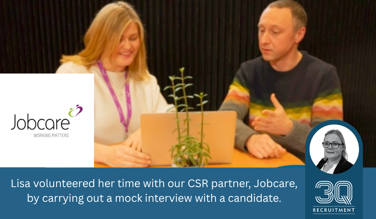 Jobcare team taking a call with lisa from 3q recruitment. lisa is helping a candidate with a mock interview. Charity